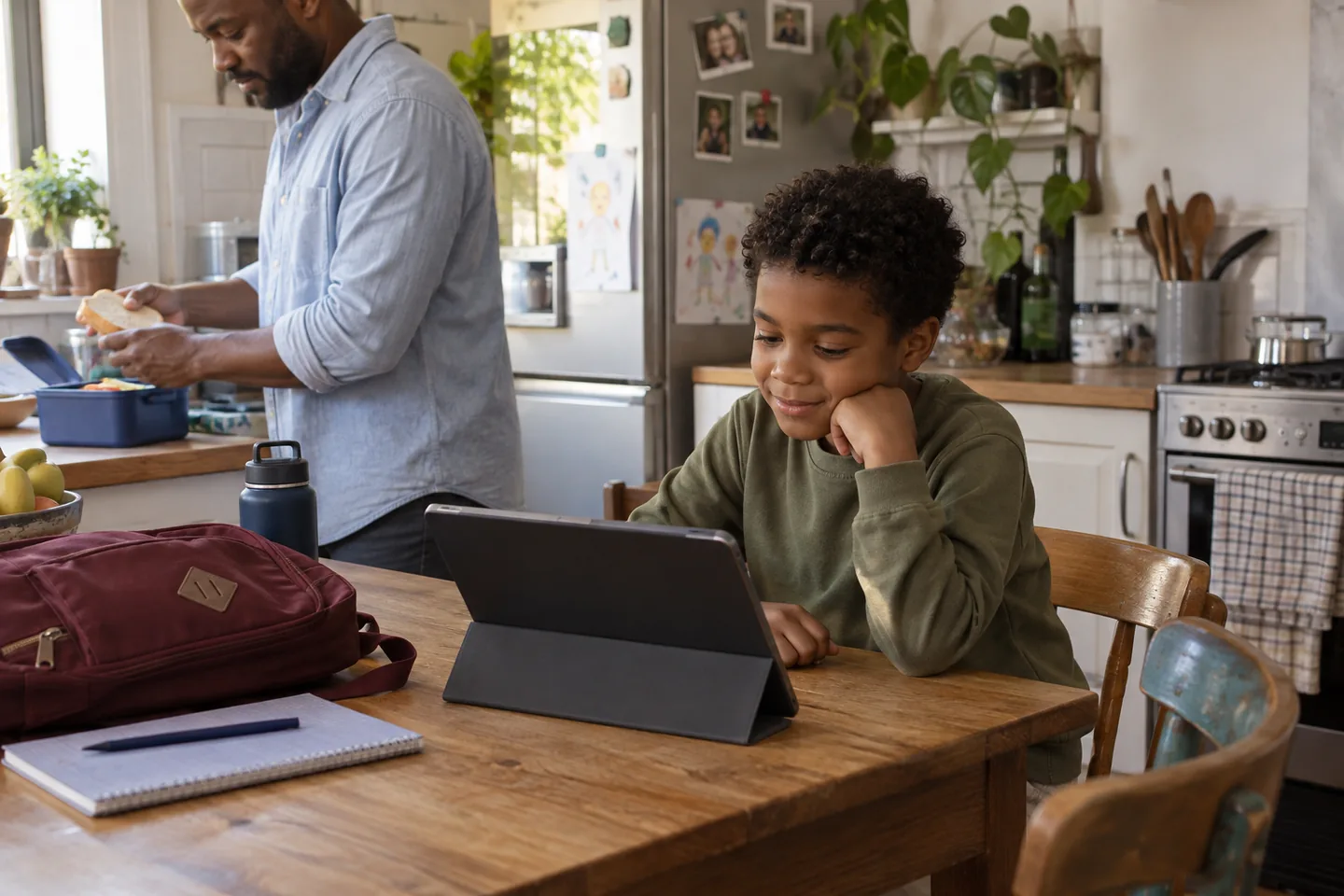 A child checks a tablet at the kitchen table while their father packs lunch.