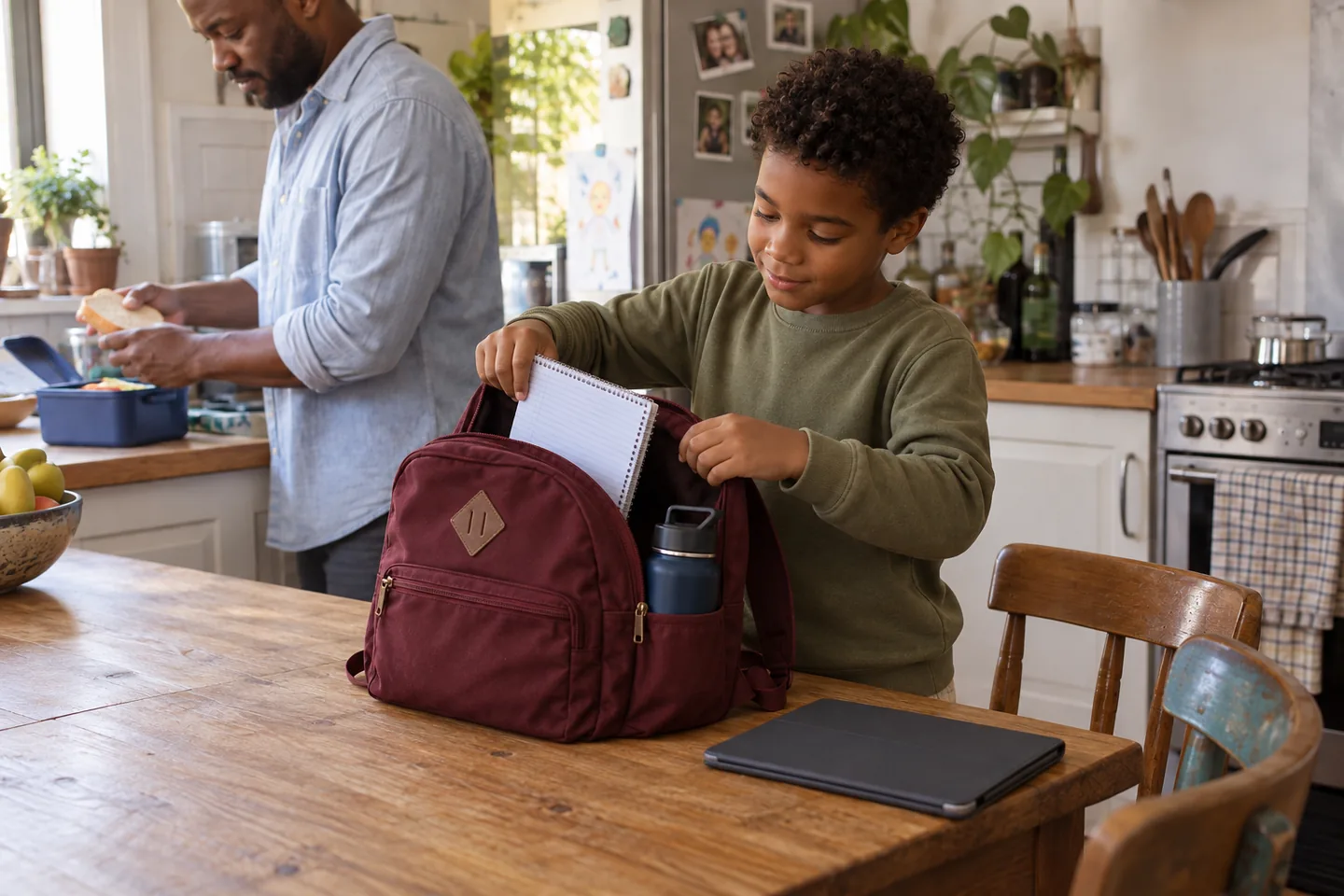 The same child packs their school book and water bottle into a burgundy backpack.