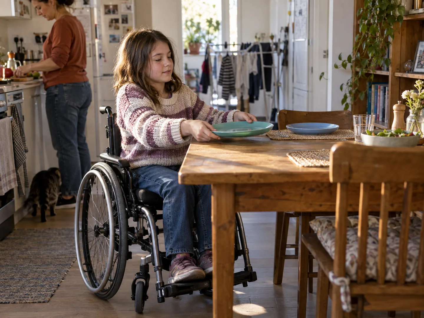 A child using a wheelchair places reusable plates on a dining table within reach.