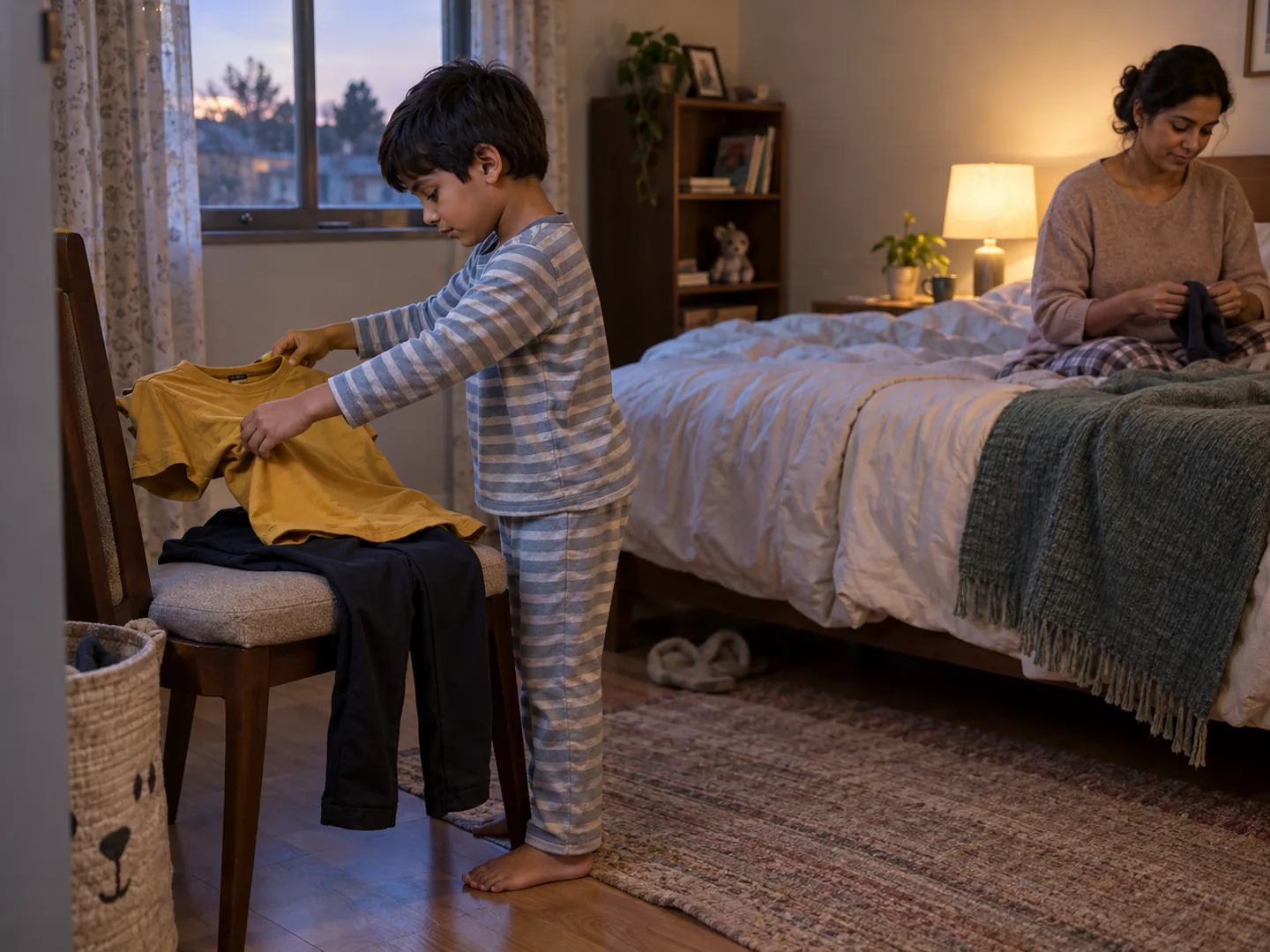 A child in pyjamas sets out clothes for tomorrow, with a caregiver nearby.